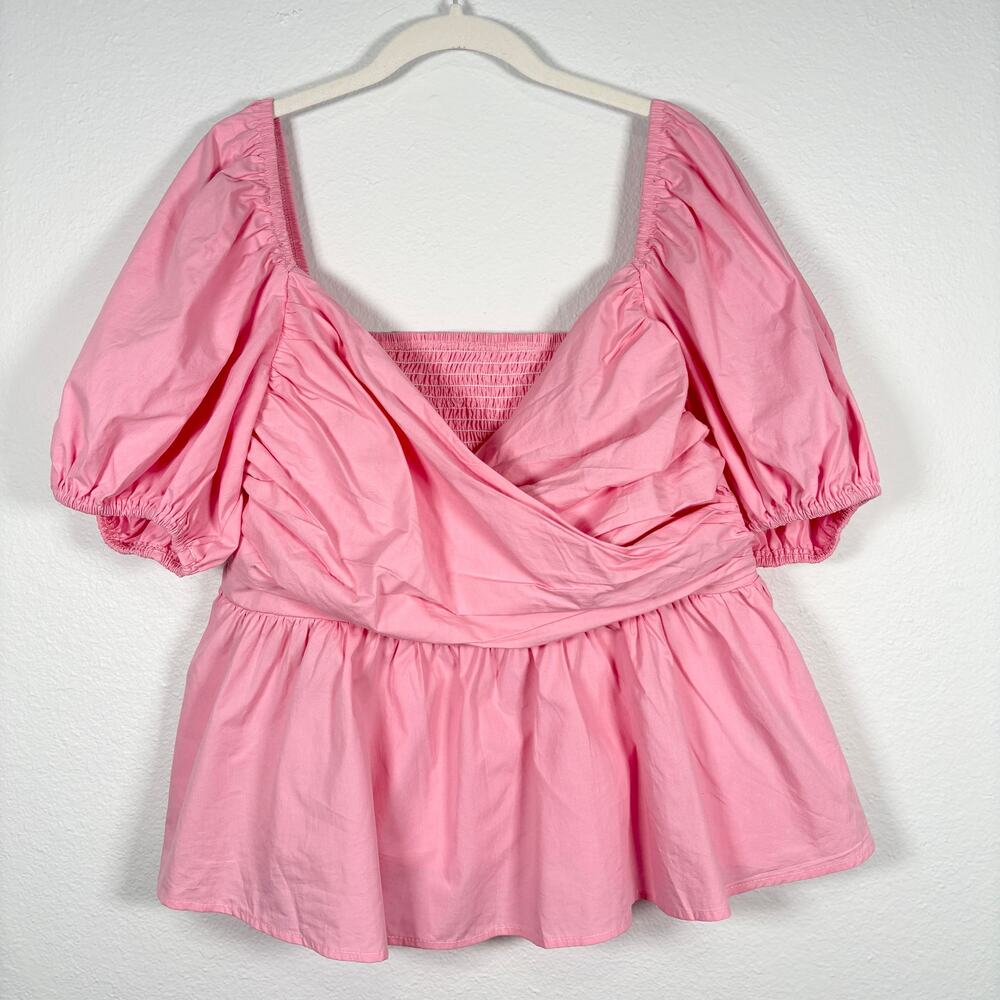 Cider Bubblegum Pink Surplice V Neck Short Puff Sleeve Smocked Back Babydoll Top